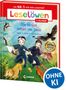 "Leselöwen 1. Klasse: Die Ninjas retten die Tiere" zeigt zwei Ninjas in einem Wald mit Tieren. "OHNE KI"-Logo., Buch