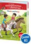 "Die besten Silbengeschichten zum Lesenlernen. Pferde und Ponys." Zwei Kinder reiten auf Ponys über eine grüne Wiese.