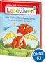 Buchtitel: "Leselöwen - Der kleine Drache Krümel". Illustration: Ein roter Drache fliegt fröhlich mit gelben Flügeln., Buch