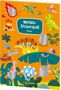 "Metallic-Stickerspaß Dinos" steht in einem Rahmen. Bunte Dinosaurier und Pflanzen bevölkern die orangefarbene Illustration., Buch