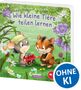 "Wie kleine Tiere teilen lernen". Zwei Tiere mit einem roten Spielzeugauto auf einer Wiese, umgeben von Blumen. "OHNE KI"., Buch