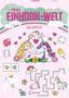 "Meine Einhorn-Welt Rätselblock." Illustration mit Einhörnern, Herzchen, Schmetterlingen und kleinen Spielgrafiken., Buch
