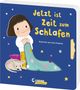 „Jetzt ist Zeit zum Schlafen“, illustriert von Ania Simeone. Kind mit Decke und Hund vor blauem Hintergrund mit Sternen., Buch
