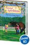 „Pippa Young, Ponyhof Apfelblüte, Hab keine Angst, Nero!“ Illustration von Kindern mit Pferd, Bäume im Hintergrund., Buch