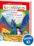 "Notfall im Drachenpark" von Stütze & Vorbach. Ein Kind mit zwei bunten Drachen in einer grünen Landschaft., Buch