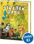 „Die Straßengäng“, „Einer für alle und keiner für Flo?“. Illustration mit Tieren vor einer gelben Wand., Buch