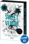 Buchumschlag mit den Worten "SWEET VENOM", "RINA KENT". Eine weiße Schlange mit dunklen Blumen und verzweigten Ästen., Buch