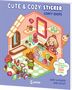 Buchtitel: "CUTE & COZY STICKER COMFY SHOPS". Illustration von Tieren in einem gemütlichen Laden mit Stickern., Buch