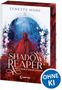 "Lynette Noni", "Shadow Reaper: Die scharlachrote Jägerin", "Ohne KI". Eine Figur in rotem Umhang vor mystischem Wald und Blumen., Buch