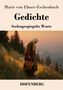 „Marie von Ebner-Eschenbach: Gedichte, Seelengespiegelte Worte“; Illustration einer Frau mit Korb in Landschaft bei Sonnenuntergang., Buch