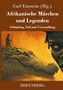"Afrikanische Märchen und Legenden" zeigt ein Krokodil, einen Speerträger und ein Gesicht vor orangefarbenem Hintergrund., Buch
