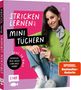 Buchcover mit der Aufschrift „Stricken lernen mit Mini Tüchern“. Frau strickt, grüne Kleidung, EMF Logo., Buch