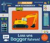 „Tut, Tut! Mein Schiebebuch“, „Lass uns Bagger fahren!“. Illustration eines gelben Baggers auf orangefarbenem Hintergrund., Buch