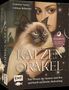 Buchcover: "Katzen Orakel", 50 Karten. Eine Frau hält eine Siamkatze. Mystisches Design mit Sternen., Buch