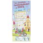 „Der christliche Familienkalender 2027“, Januar-Tabelle. Illustration: Mäusefamilie auf Tandemrad vor Kirche.