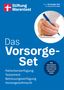 Text: "Das Vorsorge-Set. Patientenverfügung, Testament, Betreuungsverfügung, Vorsorgevollmacht." Logo oben links, Foto zeigt Hand beim Schreiben.