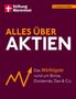 Stiftung Warentest Logo, Titel: ALLES ÜBER AKTIEN, Grafik eines steigenden Aktienkurses, Text über Börse und Dividenden., Buch