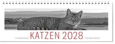 KATZEN 2028: Literarischer Tischkalender. Schwarz-weiße Katze liegt im Vordergrund, Berge im Hintergrund.