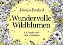 Johanna Basford, Wundervolle Wildblumen, 24 Postkarten zum Ausmalen. Illustration mit Blumen, Tieren und einem gelben Hintergrund.