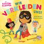 „Mit Kostümklappen. Wir verkleiden uns! Julia Reyelt Nicola Anker“. Drei verkleidete Kinder, freundlich und bunt gestaltet., Buch