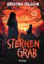 Titel: "STERNENGRAB". Autorin: Kristina Ohlsson. Illustration: Frau im Mantel, Katze auf Grabstein, roter Himmel., Buch