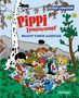 "Pippi Langstrumpf macht einen Ausflug." Illustration zeigt Pippi beim Picknick mit Freunden. Kuchen, Getränke und Natur.