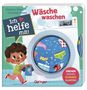 "Wäsche waschen", "Ich helfe mit!", Junge mit Kleidung vor einer Waschmaschine. Bunte Wäsche dreht sich., Buch