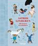 Astrid Lindgren: Die besten Geschichten. Bunte Figuren, darunter ein fliegender Junge und ein Mädchen mit Schirm., Buch
