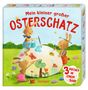 Text: "Mein kleiner großer Osterschatz", "3 Bücher in einem Band", "Oetinger". Illustration: Drei Häschen bemalen ein riesiges Ei., Buch