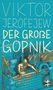 Text: "VIKTOR JEROFEJEW DER GROSSE GOPNIK". Illustration: Goldene Figur lehnt aus einem blau-goldenen Fenster., Buch