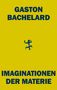 Text: "GASTON BACHELARD IMAGINATIONEN DER MATERIE". Gelber Hintergrund, blaues geometrisches Symbol in der Mitte., Buch