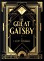 „The Great Gatsby, F. Scott Fitzgerald.“ Art-Deco-Illustration in Gold auf schwarzem Hintergrund.