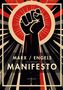 "MARX / ENGELS: THE COMMUNIST MANIFESTO, LIWI VERLAG" steht vor einer stilisierten Illustration einer erhobenen Faust., Buch