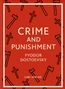 "CRIME AND PUNISHMENT FYODOR DOSTOEVSKY LIWI VERLAG." Roter Hintergrund mit Äxten und Kreuzen als Illustration.