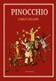 "PINOCCHIO" von Carlo Collodi, LIWI VERLAG. Illustration von fröhlichen, hölzernen Figuren in bunten Gewändern auf rotem Hintergrund., Buch