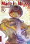 „Made in Abyss 14“, Akihito Tsukushi. Bunte Illustration eines Charakters mit Helm und Umhang in abenteuerlicher Pose., Buch