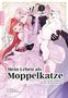 „Mein Leben als Moppelkatze“: Illustrationen einer Frau in einem lila Kleid und eines Mannes, der eine Katze hält., Buch