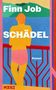„Finn Job Kopf“ in großen Buchstaben, „Roman“ kleiner. Illustration: Person am Geländer, bunte, abstrakte Farben., Buch