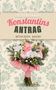 „Coco Eberhardt, Konstantins Antrag, München-Krimi“. Ein Blumenstrauß auf floralem Hintergrund, zwei goldene Ringe., Buch