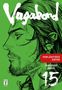 "Vorläufiges Cover", "Takehiko Inoue", "15". Schwarz-weiße Illustration eines Profils auf grünem Hintergrund., Buch
