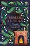 „GRUSELIGE STUNDEN: Schaurige Geschichten für kalte Abende“. Illustration mit Kamin, Kerze und grünen Zweigen., Buch