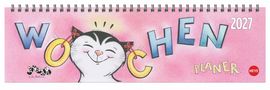 "WOCHE" und "2027" in großen Buchstaben, darunter "PLANER". Eine lächelnde Katze mit rosa Hintergrund.
