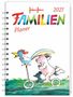 "Familien Planer 2027" in bunten Buchstaben. Eine Illustration von Hahn, Schwein und Maus auf einem Roller.