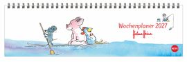 Text: "Wochenplaner 2027 - Helme Heine". Illustration: Tiere auf einem Floß auf dem Wasser, rechts sitzt jemand mit einer Angel.