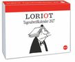 "Loriot Tagesabreißkalender 2027." Cartoon eines Mannes mit Buch als Hut. Kleiner roter Punkt mit "HEYE".