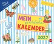 „MEIN persönlicher KALENDER 2027“. Illustration mit Streifen, Kind, Schmetterling, Blume, Gans, Eis am Stiel, Orange.