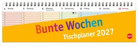 "Bunte Wochen Tischplaner 2027". Kalenderübersicht für eine Woche mit Spiralbindung und gelbem Design., Kalender