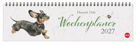 „Hannah Dale Wochenplaner 2027“ in Grün und Schwarz. Aquarelldackel mit rotem Halsband und eine fliegende Biene.