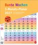 "Bunte Wochen", "3-Monats-Planer 2027", "Top-Preis € 8,99". Kalenderblätter Januar und Februar 2027, farbenfrohes Design., Kalender
