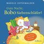 Titel: "Gute Nacht, Bobo Siebenschläfer!" Eine Illustration mit einem weißen Tierkind im Bett, das ein Buch liest., Buch